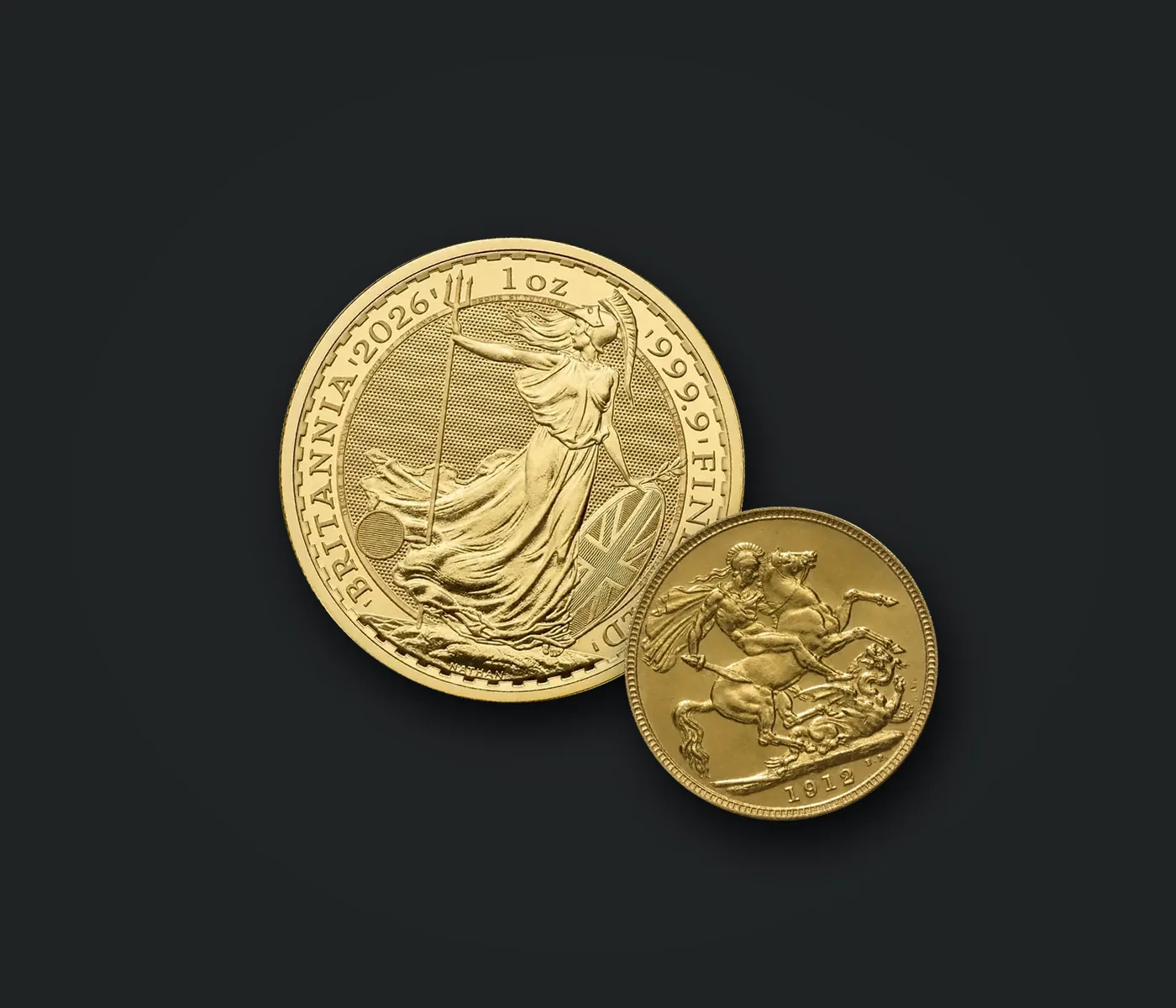 A one-ounce gold Britannia and a gold Sovereign on a dark ground
